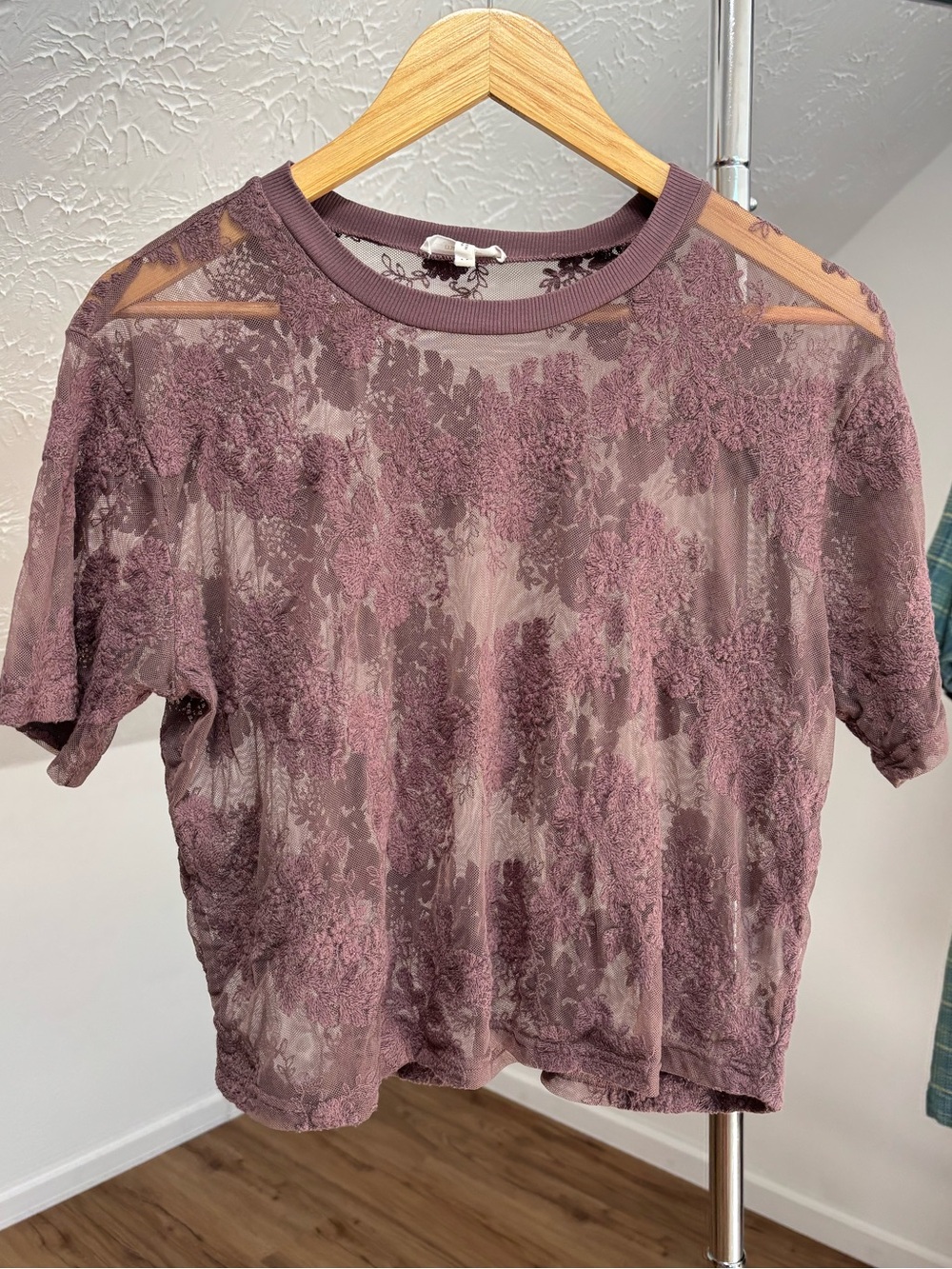 Sheer, whimsigoth, romantic,mesh,lacey crewneck tee shirt. Maurice's M